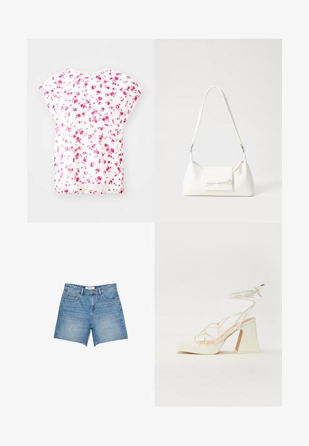 Valkoinen toppi, jossa on vaaleanpunaisia kukkakuoseja, lyhyet dolman-hihat ja rento istuvuus pyöreällä kaula-aukolla. Teksturoitu kankaan yksityiskohta.; Vaalean siniset farkkushortsit, joissa on suora leikkaus, risat helmata, viisi taskua ja brändilogo vyötäröllä. Yhtenäinen pesu ja kestävä kangas.; Valkoinen korkokenkä, jossa on paksu korko, ja joka sisältää nauhakiinnityksen ja nilkkaketjun. Sujuva pinta, jossa on platform-etupohja lisäkorkeutta varten.; Valkoinen synteettinen käsilaukku, jossa on kolmikulmainen muoto, tasainen etu läppä ja nauhadetail, säädettävä olkahihna, sileä rakenne ja minimalinen muotoilu.