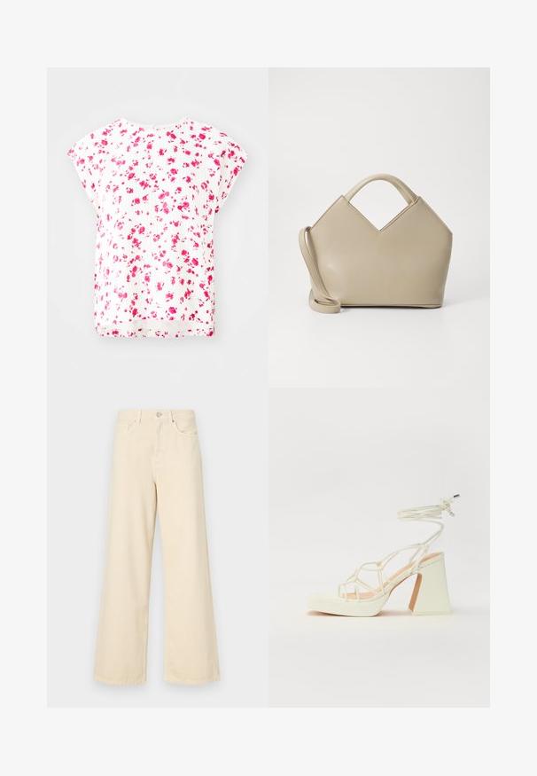 Top bianco con motivo floreale nei toni del rosa, maniche corte a dolman e vestibilità rilassata con scollatura arrotondata. Dettaglio in tessuto testurizzato.; Jeans beige a gamba larga in cotone. Caratterizzati da chiusura con bottone, passanti per cintura e tasche anteriori con una consistenza liscia e morbida.; Sandalo bianco con tacco alto, caratterizzato da un design a cinturini e un legaccio alla caviglia. Texture liscia con una piattaforma frontale per un'altezza aggiuntiva.; Borsa a mano strutturata beige con un'apertura a V, in pelle liscia, manici corti e una lunga tracolla regolabile. Design minimalista.