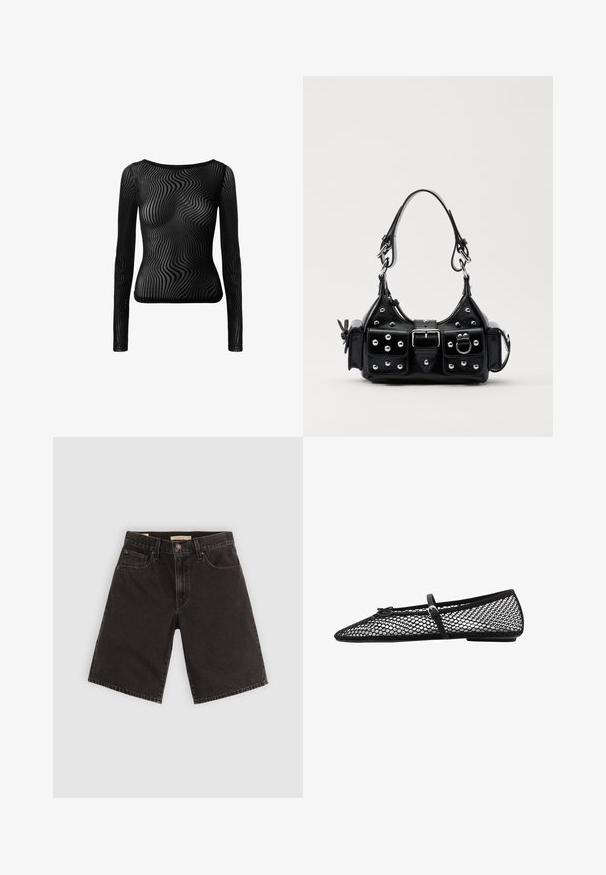 Sort langærmet top lavet af gennemsigtigt materiale med et bølget mønster. Har en scooped halsudskæring og en tætsiddende silhuet.; Sort denim shorts med lige snit, fem lommer og metaldele, med en tekstureret stof og et standard taljebånd.; Sort mesh ballet flad med spidse tæer, dekorativ strop og subtilt accent. Har et åbent netdesign og flad sål.; Sort læderhåndtaske med et buet design, prydet med sølvfarvede nitter, en spænde og to sidelommer. Justerbar rem til forskellige bære muligheder.