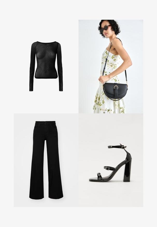 Czarny top z długim rękawem wykonany z przezroczystego materiału o falistym wzorze. Posiada dekolt w serek i dopasowany krój.; Czarne szerokie spodnie dżinsowe z usztywnionym pasem, szlufkami na pasek i kieszeniami z przodu. Gładka faktura o klasycznym fasonie.; Czarne lakierowane sandały na obcasie z kwadratowym noskiem, z paskami wokół kostki i srebrnymi klamrami. Posiadają masywny słupek dla stabilności.; Czarna skórzana torebka o zakrzywionym kształcie, z odpinanym paskiem i złotymi akcentami. Torebka posiada klapę z zapięciem w kształcie klamry.