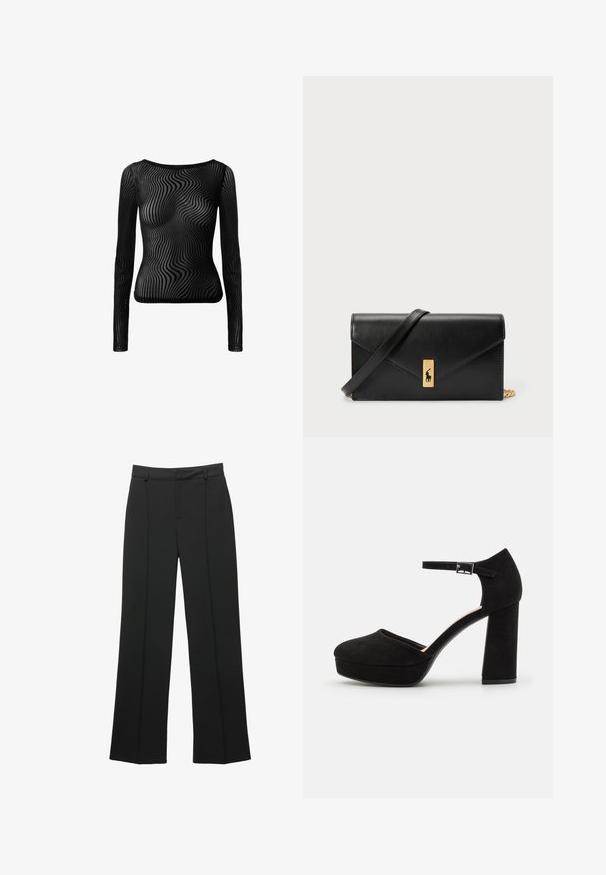 Top nero a maniche lunghe realizzato in materiale trasparente con un motivo ondulato. Presenta una scollatura a barca e una silhouette aderente.; Pantaloni neri a vita alta, di taglio ampio, con passanti per cintura e dettaglio della cucitura frontale, presentati su uno sfondo bianco.; Scarpe con tacco a piattaforma nere in suede, dotate di un spesso tacco a blocco, punta arrotondata e cinturino alla caviglia fissato da una fibbia in metallo. Texture liscia su tutta la superficie.; Portafoglio in pelle nera con pattina a pieghe, accessori dorati, con un logo decorativo. Include una tracolla staccabile per il trasporto.