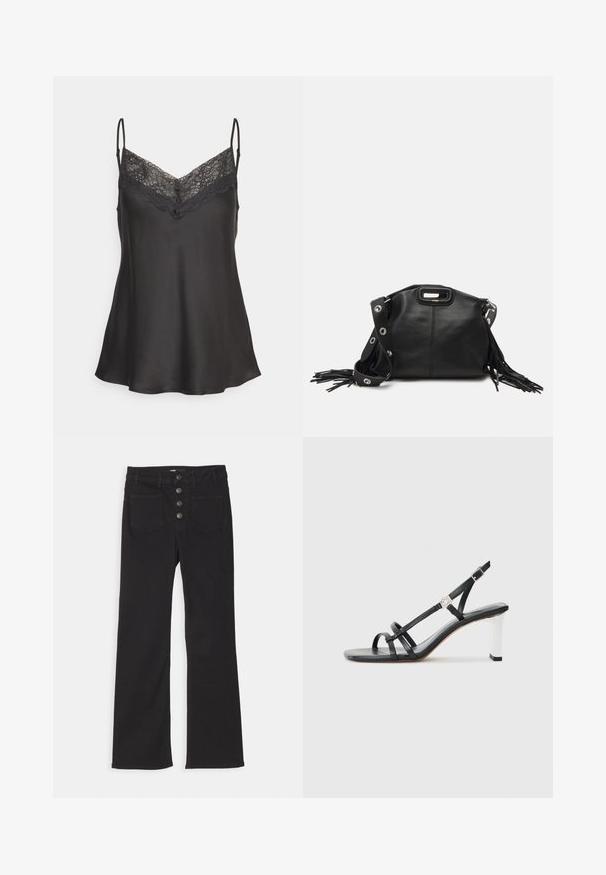 Maje Top - noir; Jeans neri in denim a zampa d'elefante con vita alta, design a cinque tasche e chiusura frontale con quattro bottoni metallici.; Sandali neri con tacco alto caratterizzati da molteplici cinghie sottili, design slingback e un accento in argento sul tacco. Materiale superiore liscio e tacco quadrato.; Maje MISS MINI - Borsa a tracolla - noir; Orecchini dorati con molteplici catene a cascata, dotati di accenti in strass ovali trasparenti e parte superiore decorativa a perno.