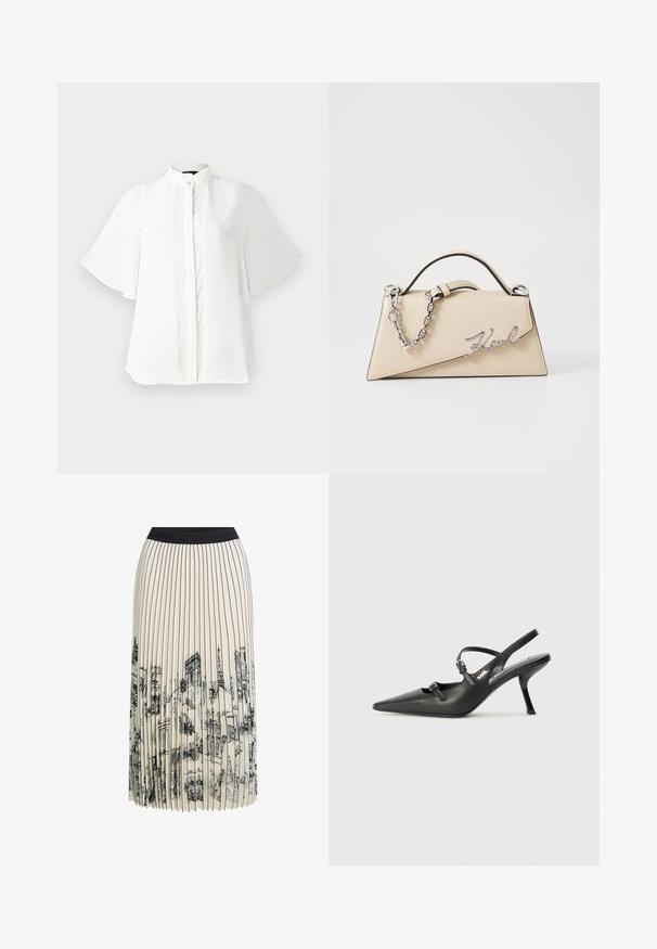 Balta blūze ar augstu apkakli, īsām plandošām piedurknēm un sarežģītu vertikālu izšuvumu pa priekšu. Gluda, viegla auduma.; Kremkrāsas pleitota svārki ar melnu jostasvietu, kas papildināta ar detalizētu arhitektūras skiču druku melnā krāsā, akcentējot dažādus ēku dizainus.; Melnas ādas slingback papēži ar norādītu purngalu, izsmalcinātu papēdi un dekoratīvu sprādzi uz priekšpuses. Gluda tekstūra un elegants dizains.; Bežs ādas roku soma ar strukturētu, trīsstūrveida formu, piedāvā sudraba ķēdes rokturi un kursīva metāla logotipu.