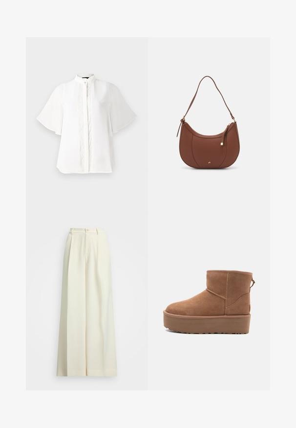 Vit blus med hög krage, korta fjäderlika ärmar och intrikat vertikal broderi fram. Slätt, lättviktigt tyg.; Vida med vida byxorna i off-white tyg, med hög midja, dubbla veck och knappstängning. Slät textur och skräddarsydd design.; Tan mockasköna med plattformssula, rund tå och broderade detaljer; har en dragflik baktill för enkel påtagning.; Brun faux läder axelväska med rundad form, minimal sömnad och detaljer i guldfärgad hårdvara. Har en övre dragkedjestängning och justerbar rem.