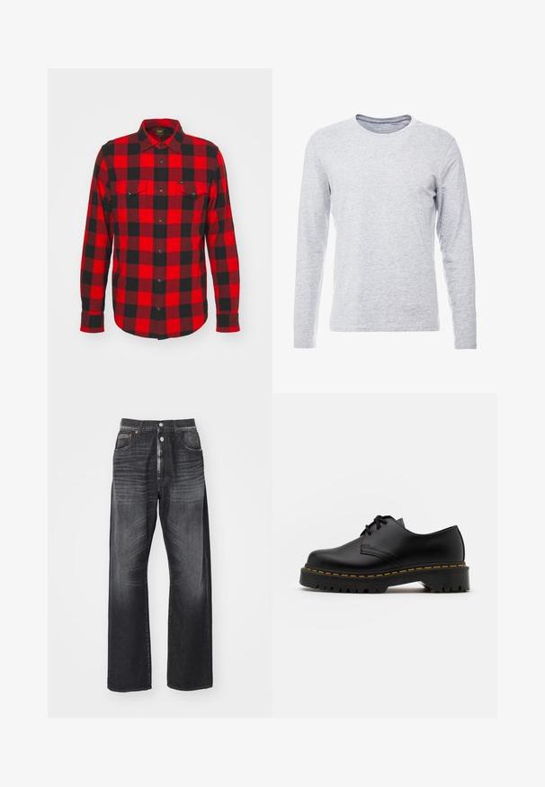 Piros és fekete kockás flanel ing, hosszú ujjú, gombos kivitel, két mellzseb, az anyag textúrája puha és bolyhos.; Hosszú ujjú szürke póló puha, könnyű anyagból, klasszikus kerek nyakkal és egyszerű, díszítés nélküli kialakítással.; Sötét mosású, bővülő szárú farmernadrág, gombos zárással, öt zsebes kialakítással és finom elhalványulással az anyagon.; Fekete bőr, fűzős cipő lekerekített orral, texturált gumitalppal és sárga varrással az alján. Lapos design és sima felület.