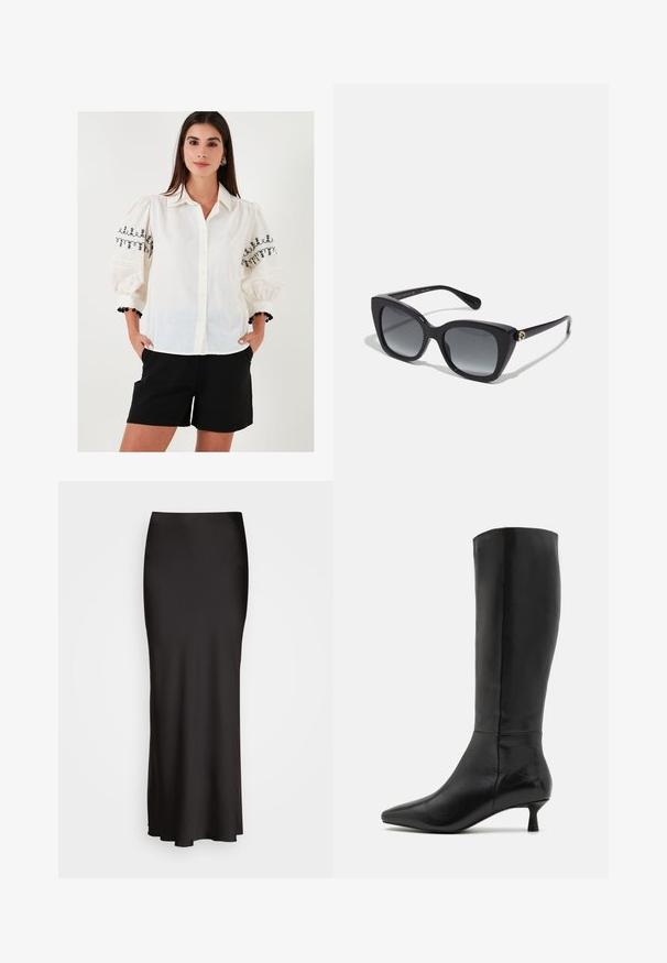 Camicia bianca con ricami floreali neri sulle maniche a sbuffo; abbinata a pantaloni corti neri e un bracciale decorativo.; Gonna in satin nera, lunga fino al pavimento, con una texture liscia, vita aderente e silhouette a forma di A, priva di decorazioni visibili o fantasie.; Zign Stivali alti - black; Occhiali da sole neri con un audace design a occhio di gatto angolare, lenti grigie sfumate e un logo dorato sulle tempie.