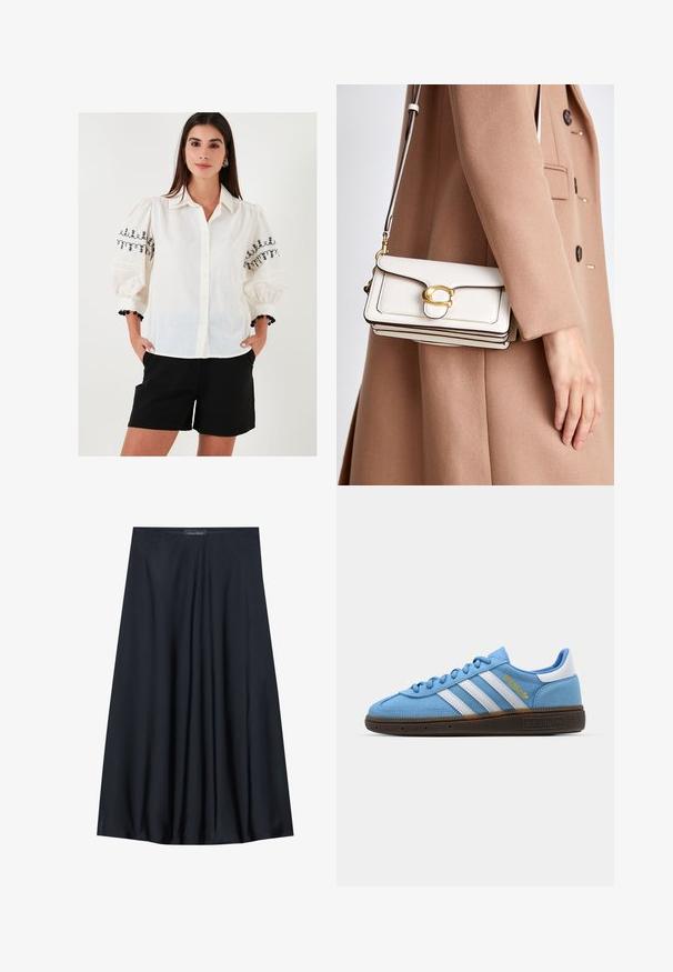 Biała koszula zapinana na guziki z czarnymi haftowanymi wzorami kwiatowymi na bufiastych rękawach; zestawiona z czarnymi szortami i ozdobną bransoletką.; Czarna spódnica do kolan, wykonana z lekkiego materiału o zwiewnym kroju. Charakteryzuje się gładką fakturą i subtelnymi fałdami dla dodatkowego detalu.; Jasnoniebieskie zamszowe trampki z białymi skórzanymi paskami, brązową teksturowaną podeszwą i złotym logo. Niskoprofilowy design z zaokrąglonym czubkiem.; Biała skórzana torebka na ramię z złotym zapięciem, charakteryzująca się usztywnioną konstrukcją, kontrastującymi krawędziami oraz cienkim, regulowanym paskiem.