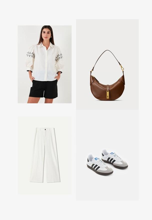 Valkoinen napillinen pusero, jossa on mustat brodeeratut kukkakuviot puffihihnoissa; yhdistetty mustiin shortseihin ja koristeelliseen rannekoruun.; Valkoiset leveälahkeiset housut, jotka on valmistettu sileästä kankaasta. Edessä nappikiinnitys ja pleatatut yksityiskohdat. Suora etuosa, ei näkyviä taskuja.; Urheilukengät, joissa on valkoinen nahkainen päällinen, harmaa mokkanokka ja kolme mustaa raitaa. Ominaisuuksina sininen logo kielekkeessä ja kuvioitu kumipohja.; Ruskea nahkainen olkalaukku, jossa on kaareva muoto, kultaiset yksityiskohdat, yläklipsi ja logotaitto. Sujuva tekstuuri, jossa on ommellut reunat.