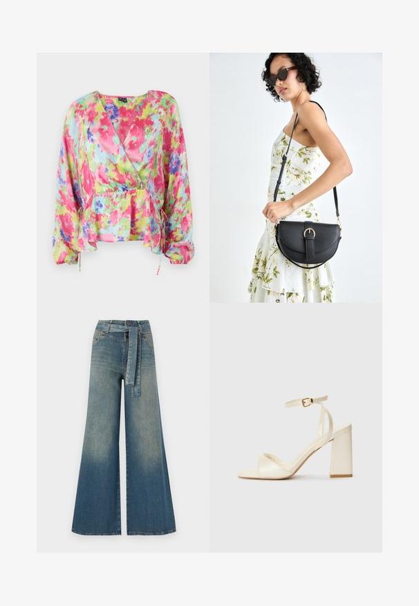 Colorful floral wrap blouse in lightweight, crinkled fabric. Features pink, yellow, and blue patterns with a gathered waist and balloon sleeves.; Wide-leg denim trousers featuring a light to dark blue gradient, high waist, belt loops, and a matching fabric belt. Textured denim finish.; Cream-colored heeled sandals with an open toe, thick block heel, thin ankle strap, and subtle sheen finish. Buckle accent on strap.; Black leather handbag with a curved shape, detachable strap, and gold hardware. The bag features a flap with a buckle detail.