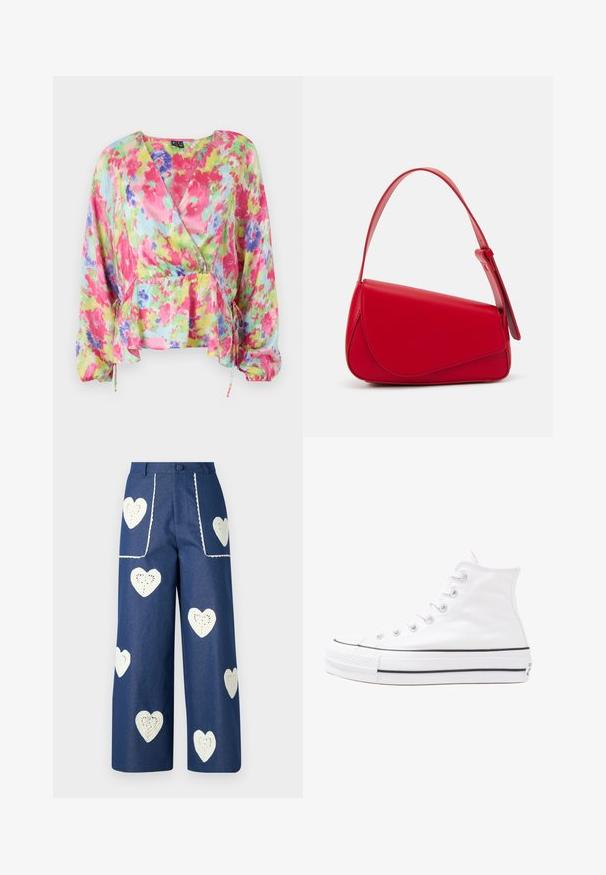 Kleurige bloemen wikkelblouse van lichtgewicht, gekreukeld materiaal. Kenmerkt roze, gele en blauwe patronen met een gathered taille en ballonmouwen.; Sister Jane HEART TO HEART - Straight leg jeans - blue denim; Witte high-top canvas sneakers met een zwarte rubberen zool, een rubberen neuskap aan de voorkant en zes gaatjes voor veters, met een schone, minimalistische uitstraling.; Rode leren handtas met een hoekig, geometrisch ontwerp. Beschikt over een enkele verstelbare schouderriem en een klepclosure met gestikte details.