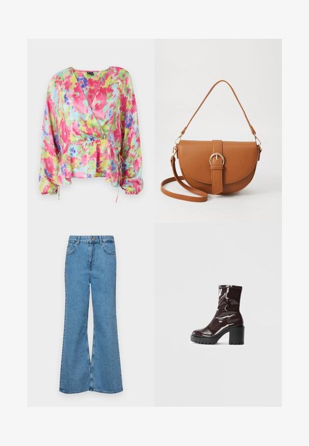 Blouse enveloppante florale colorée en tissu léger et froissé. Présente des motifs roses, jaunes et bleus avec une taille froncée et des manches ballon.; Jean flare bleu clair en denim, avec une taille haute, cinq poches et une fermeture à un bouton. Texture douce avec une finition décolorée.; Bottines bordeaux brillantes à talon épais noir, avec une texture lisse et un design simple. Aucune fermeture visible ni motifs.; Sac bandoulière en cuir marron avec une forme incurvée, quincaillerie dorée et un accent en boucle. Comprend une bandoulière détachable.