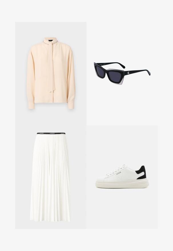 Kreemivärvi pluus, millel on kõrge kaelus, sidumisdetail, pikad varrukad ja diskreetne sära; kaeluses on dekoratiivsed ahelad.; Kurtitudega valge seelik musta elastse vööga, millel on "LACOSTE" logo. Keskmise pikkusega disain pehme tekstuuriga.; Valged nahast tennisetossud paksu valge tallaga, musta sametist kontsakeeuga ja külje peal riigilogo reljeefne kujundus. Lukkeskeem kuue silmaauguga.; Mustad suured mustad prillid geomeetrilise kujuga, tumedate läätsedega ja kontrastse halli detailiga raamidel. Logo käe peal.