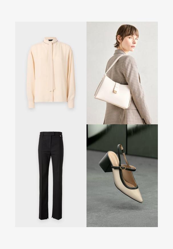Romantisch crèmekleurig blouse met een verhoogde kraag, strikdetail, lange mouwen en een subtiele glans; heeft decoratieve kettingaccenten bij de hals.; Zwarte op maat gemaakte broek met een rechte pijp, voorzien van een tailleband met een knoopsluiting en zijopeningen aan de onderkant.; Beige puntige slingback schoen met zwarte rand, gouden gesp en een chunky blokhak op een grijze vloer met een donker groene achtergrond.; Witte leren handtas met een gestructureerd ontwerp, voorzien van een magneetsluiting en een schouderriem, tentoongesteld tegen een neutrale achtergrond.
