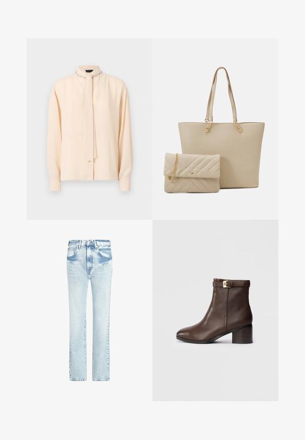 Krémová blůza s vyvýšeným límečkem, detailem na zavazování, dlouhými rukávy a jemným leskem; na krku má dekorativní řetízkové akcenty.; Světlé modré džíny s rovnými nohavicemi, pěti kapsami a ošoupanou strukturou. Obsahují viditelné švy a klasické zapínání na knoflík.; Hnědá kožená kotníková bota s kulatou špičkou, nízkým blokovým podpatkem a dekorativním páskem se sponou kolem kotníku. Hladká textura a elegantní design.; Beige taška přes rameno s plochými uchy, hladkým povrchem a zlatými detaily, doplněná o odpovídající prošívanou psaníčko s řetízkem.