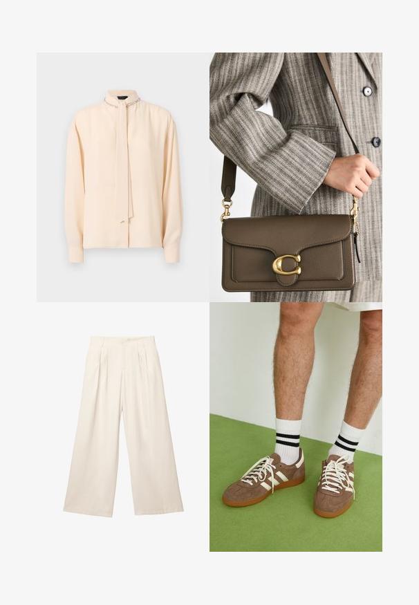 Romantisch crèmekleurig blouse met een verhoogde kraag, strikdetail, lange mouwen en een subtiele glans; heeft decoratieve kettingaccenten bij de hals.; Lange broek met wijde pijpen in een lichtbeige kleur, gemaakt van een zachte, gestructureerde stof. Heeft voorplooien en een elastische tailleband voor een comfortabele pasvorm.; Bruine suède sneakers met witte accenten en veters. Rubberen gumzool. Draag met witte sokken met zwarte strepen. Groene gestructureerde vloer.; COACH TABBY SHOULDER BAG 26 - Handtas - dark stone