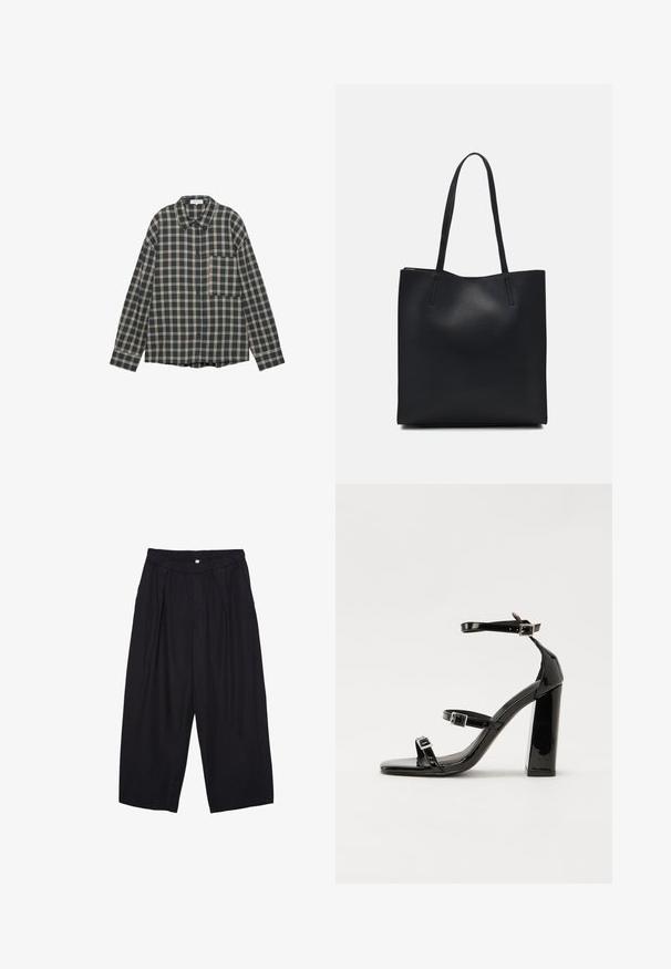 Koszula w kratę z długim rękawem w ciemnoniebiesko-kremowym kolorze, z zapięciem na guziki, kołnierzykiem i kieszenią na piersi. Wykonana z miękkiej, teksturowanej tkaniny.; Czarne spodnie culotte z poliestru z elastycznym pasem, dwoma fałdami z przodu i luźnym krojem. Brak widocznych wzorów lub elementów metalowych.; Czarne lakierowane sandały na obcasie z kwadratowym noskiem, z paskami wokół kostki i srebrnymi klamrami. Posiadają masywny słupek dla stabilności.; Czarna skórzana torba tote o gładkiej fakturze, prostokątnym kształcie i dwóch długich uchwytach. Brak widocznych elementów metalowych i ozdób.