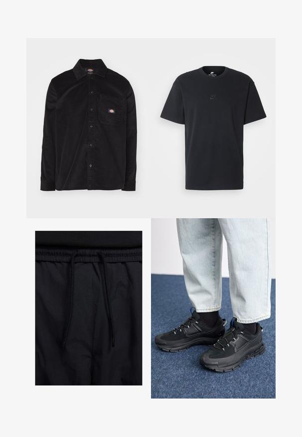 Musta corduroy-paita, jossa on napitettavat kaulus, pitkät hihat, etutasku ja logo-patch. Sisältää tekstuuripinta-mallin.; Nike musta musta T-paita, jossa on klassinen pyöreä kaula-aukko, lyhyet etkä hihat sekä hillitty, kohopainettu logo rinnassa. Silkkinen rakenne.; Mustat shortsit, joissa on naru vyötäröllä, kevyestä kankaasta valmistettu, sileä tekstuuri ja yksinkertainen muotoilu ilman näkyviä logoja tai kuvioita.; Mustat urheilukengät, joissa on teksturoitu kangas ja kumipohjat, elastiset nauhat ja sininen yksityiskohta kannassa. Yhdistetty vaaleisiin farkkuihin.