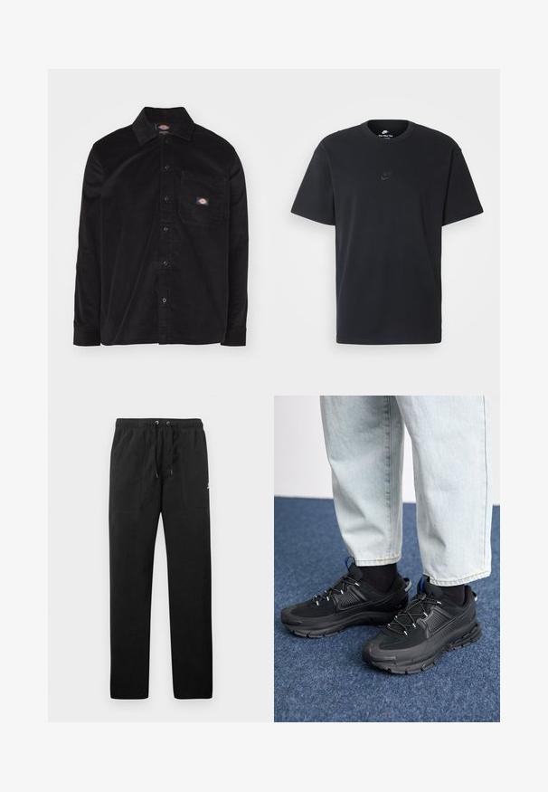 Musta corduroy-paita, jossa on napitettavat kaulus, pitkät hihat, etutasku ja logo-patch. Sisältää tekstuuripinta-mallin.; Nike musta musta T-paita, jossa on klassinen pyöreä kaula-aukko, lyhyet etkä hihat sekä hillitty, kohopainettu logo rinnassa. Silkkinen rakenne.; Mustat collegehousut, jotka on valmistettu fleece-materiaalista ja joissa on joustava vyötärö, jossa on kiristysnyörit, kaksi etutaskua ja pieni logo reidessä.; Mustat urheilukengät, joissa on teksturoitu kangas ja kumipohjat, elastiset nauhat ja sininen yksityiskohta kannassa. Yhdistetty vaaleisiin farkkuihin.