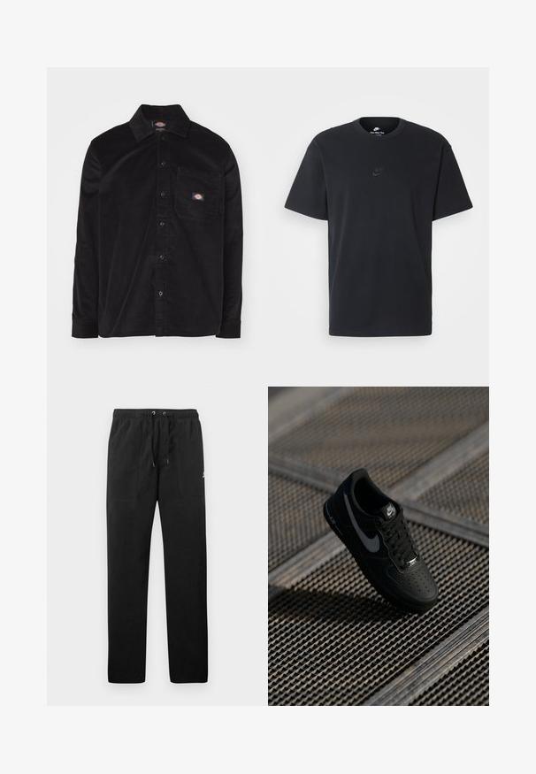 Črna kord plašč z gumbastim ovratnikom, dolgimi rokavi, sprednjim žepom in logotipom. Ima teksturirano tkanino.; Nike črna bombažna majica z klasičnim okroglim izrezom, kratkimi rokavi in subtilnim, vtisnjenim logotipom na prsih. Gladka tekstura.; Črne trenirke iz flisa, z elastičnim pasom in vrvico, dvema sprednjima žepoma ter majhnim logotipom na stegnu.; Črne superge Nike Air Force 1 z gladkim usnjem, perforiranim prstom, sivimi detajli in črnimi vezalkami, ležeče nad teksturirano površino.