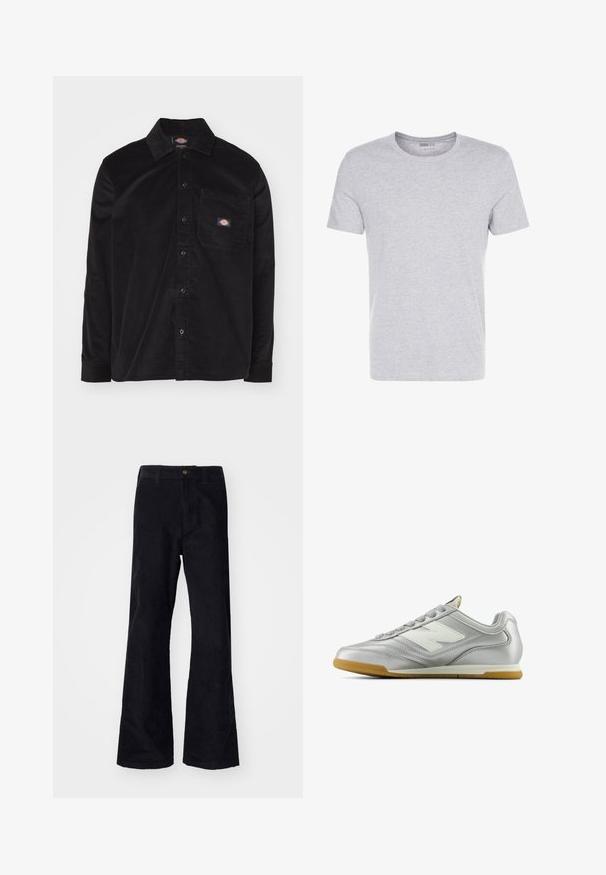 Camicia di velluto a coste nera con colletto button-down, maniche lunghe, tasca frontale e applicazione con logo. Presenta un motivo in tessuto testurizzato.; T-shirt grigia in cotone con colletto a giro, maniche corte e design semplice, caratterizzata da una consistenza morbida e liscia, senza pattern o decorazioni visibili.; Pantaloni neri a zampa d'elefante in cotone con un cinturino tradizionale, bottone frontale singolo e tasche ai lati e sul retro. Tessuto liscio.; Scarpa sportiva argentata con una superficie liscia e lucida, logo bianco di lato, lacci grigi con texture e suola in gomma.