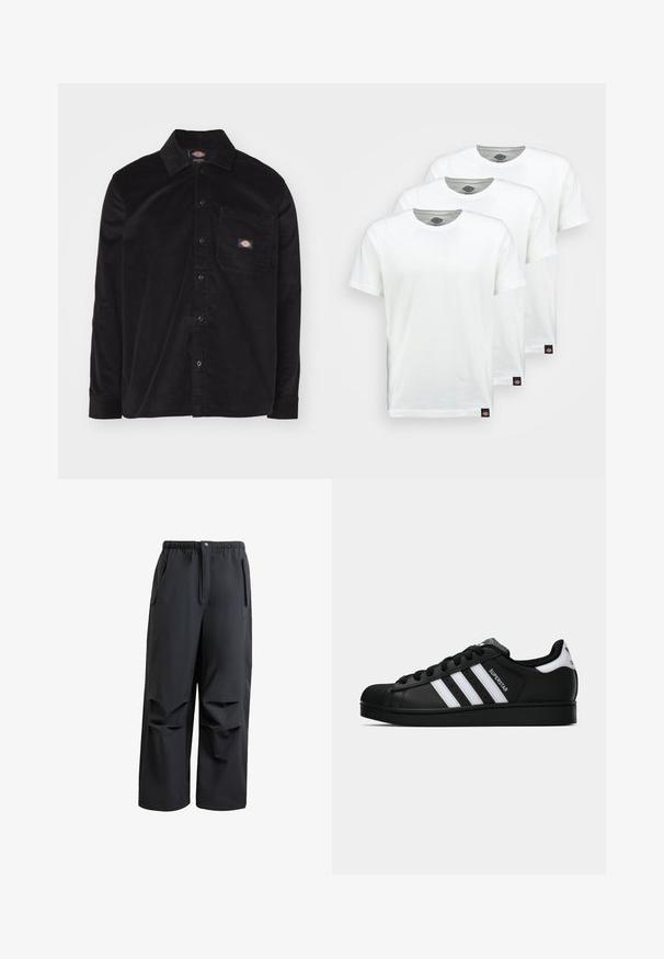 Svart kordflonsskjorta med knäppbar krage, långa ärmar, framsida med ficka och logotyp. Har ett strukturerat tygmönster.; Tre enkla vita bomull t-shirts med kort ärm. Varje tröja har en rund halsringning och en liten svart logotag på vänster sida.; Svarta, löst sittande byxor i mjukt tyg. Har resårmidja, knappstängning och två sidofickor med veckade detaljer.; Svart Adidas Superstar sneaker med vita ränder, sula i skalform och "Superstar" text på sidan, visad i sidoprofil mot vit bakgrund.