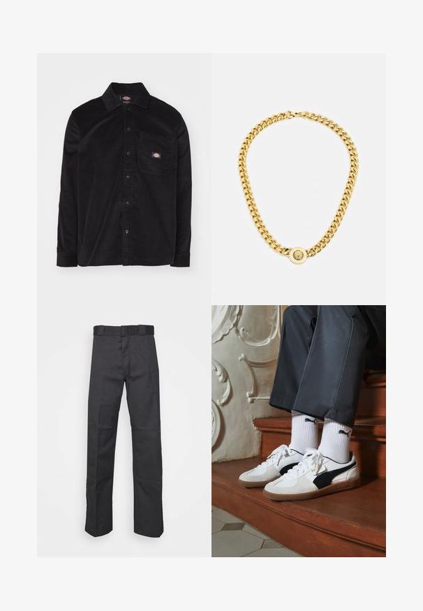 Melnas korduroja krekls ar pogu leju, garām piedurknēm, priekšējo kabatu un logotipa plāksteri. Iedvesmots no teksturētas auduma struktūras.; Melnas bikses, izgatavotas no izturīga auduma, ar taisnu kāju dizainu, jostu ar cilpiņām un šuvēm papildu tekstūrai.; Puma kedas baltā un melnā zamšā, ar brūnu gumijas zoli. Pāris ar baltām zeķēm, kurās redzams melns logo, nēsātas ar tumšām biksēm.; Zelta ķēdes kaklarota ar lielām savstarpēji savienotām saitēm, centrā ar apaļu piekari, kurā ir izcelts emblema.