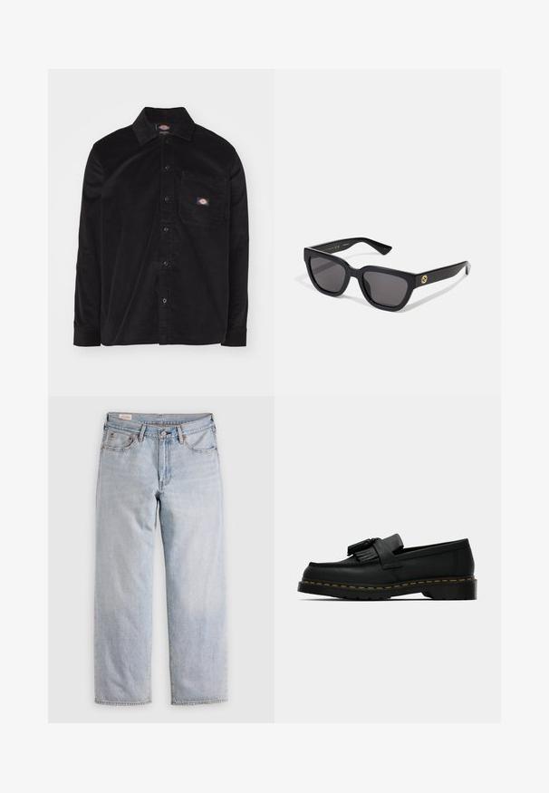 Černá kordurová košile s límcem na knoflíky, dlouhými rukávy, přední kapsou a logem. Má texturovaný vzor látky.; Světle modré džíny rovného střihu s vysokým pasem, zapínáním na knoflík a předními i zadními kapsami, vystavené na rovné ploše.; Černé kožené mokasíny s třásněmi, žlutým prošíváním podél podrážky a silnou, kordovanou gumovou podešví.; Černé obdélníkové sluneční brýle s lesklým povrchem, tmavými skly a zlatými kovovými detaily na spáncích představujícími logo.