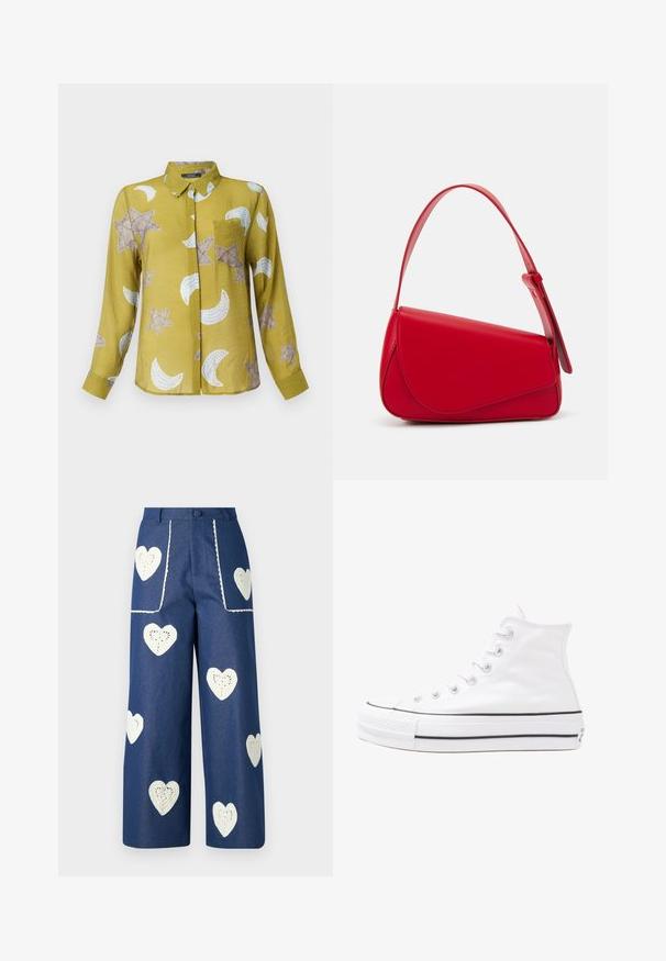 Long-sleeve, collared shirt in olive green with star and crescent moon patterns in beige and white. Lightweight fabric with a smooth texture.; Sister Jane HEART TO HEART - Straight leg jeans - blue denim; White high-top canvas sneaker with black rubber sole, front rubber toe cap, and six eyelets for laces, featuring a clean, minimalist design.; Red leather handbag with an angular, geometric design. Features a single adjustable strap and a flap closure with stitched detailing.