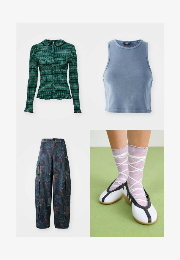 Camisa de botones a cuadros verde y negra con mangas largas, dobladillo con volantes y cuello. Hecha de una tela elástica con un acabado texturizado.; Top corto acanalado de color azul claro con un escote redondo y diseño sin mangas. Textura suave y un pequeño detalle de logo en el dobladillo.; Pantalones cargo de camuflaje en verde oscuro y marrón, con múltiples bolsillos y un ajuste holgado, hechos de una tela ligera y resistente.; Zapatos planos blancos con ribetes y suela negra, combinados con calcetines acanalados de color púrpura claro que presentan tiras blancas entrelazadas. Ambientado sobre un fondo verde.