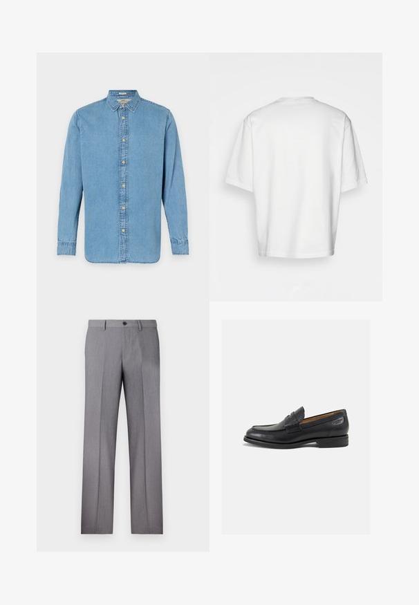 Světle modrá denimová košile s knoflíkovým zapínáním vpředu, dlouhými rukávy, klasickým límečkem a rovnými lemy. Obsahuje zlaté knoflíky a jemné švy.; Bílý krátký rukáv tričko, volný střih, kulatý výstřih, hladká bavlněná tkanina, nezdobený zadní díl, rovný lem, žádné vzory ani akcenty.; Šedé kalhoty s rovnými nohavicemi, dvěma postranními kapsami a zapínáním na jeden knoflík. Hladká textura s jemným proužkovaným vzorem.; Černé kožené mokasíny s hladkým povrchem, zaoblenou špičkou a dekorativním prošíváním na svršku. Nízký podpatka a mírný lesk.