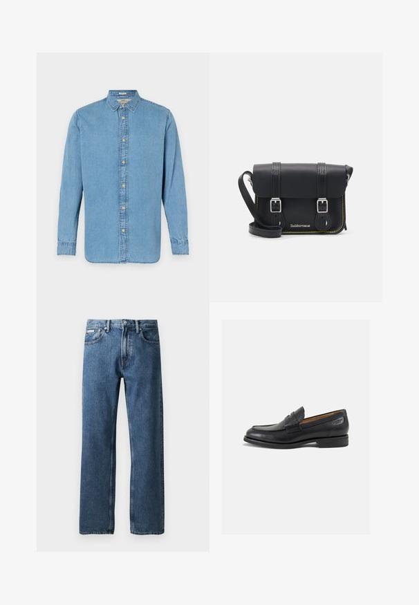 Svetlomodrá džínsová košeľa s gombíkovým zapínaním, dlhými rukávmi, klasickým golierom a rovnými okrajmi. Obsahuje zlaté gombíky a nenápadné švy.; Modré džíny s rovnými nohavicami a vysokým pásom, so zapínaním na gombík a zips, prednými vreckami a malou bielou značkovou nálepkou na pravom vrecku.; Čierne kožené mokasíny s hladkým povrchom, zaoblenou špičkou a dekoratívnym prešívaním na prednej časti. Nízky kokteilový opätok a jemný lesk.; Čierna kožená crossbody taška s preklopom, dvoma striebornými prackami, žltým prešívaním a nastaviteľným popruhom. Vyznačuje sa hladkou textúrou a kompaktným dizajnom.