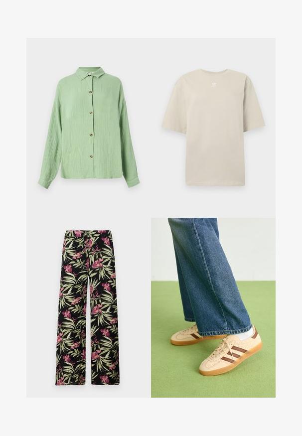 Svijetlozelena košulja s kragnom, dugih rukava, od teksturirane tkanine, s smeškastim dugmadi sprijeda. Casual kroj i mekani završetak.; Bež majica kratkih rukava od pamuka, s okruglim izrezom i malim bijelim Adidas logotipom tiskanom na prsima. Mekana tekstura, opušteni kroj.; Hlače širokog kroja od crnog materijala s cvjetnim uzorkom ružičastih orhideja i zelenih listova. Glatka tekstura s opuštenim krojem.; Bež tenisice s teksturiranim kremastim panelima i smeškim prugama, u kombinaciji s plavim trapericama. Traperice imaju široke nogavice i poderane rubove.