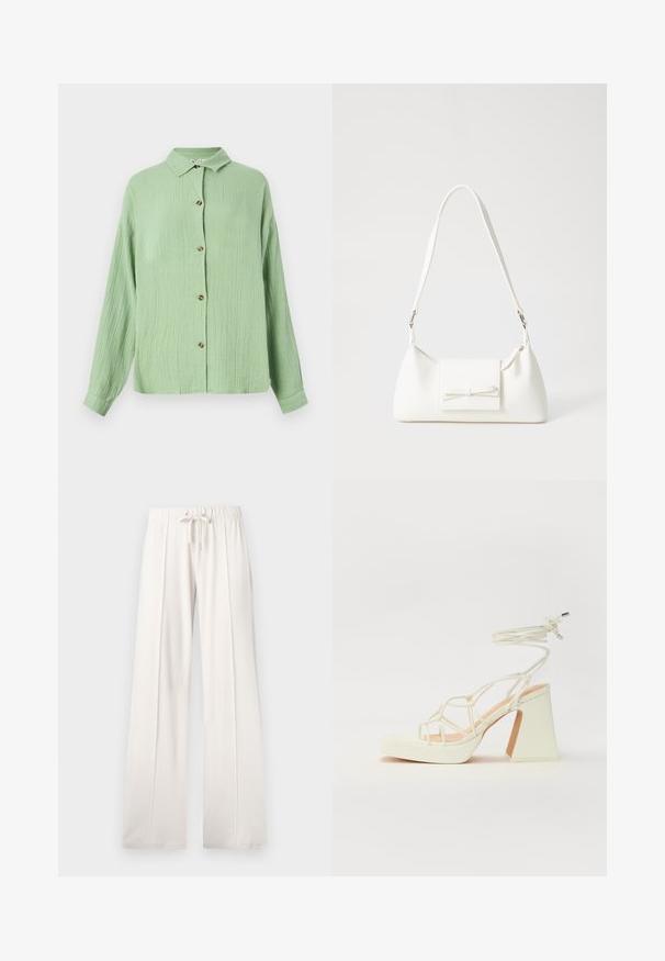 Jasnozielona, koszula z kołnierzykiem z guzikami, wykonana z teksturowanej tkaniny, z długimi rękawami i brązowymi guzikami z przodu. Luźny krój i miękkie wykończenie.; Jasno beżowe dresy wykonane z miękkiego materiału, z elastycznym paskiem w pasie, szerokimi nogawkami i pionowymi szwami, o gładkiej teksturze.; Biała sandał na wysokim obcasie z masywnym słupkiem, z paskowym wzorem i wiązaniem przy kostce. Gładka faktura z platformą z przodu dla dodatkowej wysokości.; Biała syntetyczna torba o trójkątnym kształcie, płaskim przednim klapce i detalach w postaci kokardy, regulowanym pasku, gładkiej fakturze oraz minimalistycznym designie.