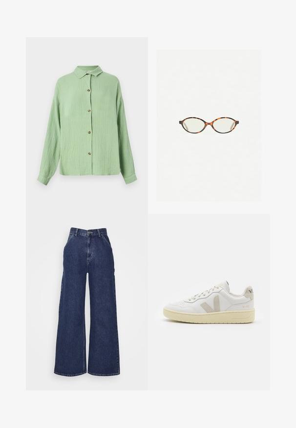 Svijetlozelena košulja s kragnom, dugih rukava, od teksturirane tkanine, s smeškastim dugmadi sprijeda. Casual kroj i mekani završetak.; Široke traperice tamnoplave boje, s visokim strukom, prednjim džepovima i zatvaračem s metalnim gumbom. Glatka tekstura i klasičan dizajn.; Bijele kožne tenisice s bež nubuk naglascima, perforiranim prednjim dijelom, ravnim čipkama i teksturiranom kremastom potplatom. Sadrži suptilni brend na pete.; Naočale u boji kornjače s ovalnim staklima i elegantnim, glatkim završetkom. Imaju tanke strane s suptilnom krivuljom na sljepoočnicama. Prozirna stakla.