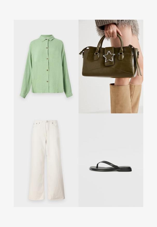 Ljusgrön, knappad skjorta med krage i strukturerad tyg, långa ärmar och bruna knappar fram. Avslappnad passform och mjuk yta.; Vita vida jeans i denim med vida ben som har en dragsko i midjan, framfickor och subtila sömnadsdetaljer. Tillverkade av tåligt bomullsmaterial.; Svart flip-flop i mjukt läder, med en tunn remdesign och en platt sula med en minimalistisk profil. Inga anmärkningsvärda mönster eller detaljer.; Olivgrön konstläderhandväska med silverstjärna som accent, dubbla handtag och dragkedjestängning. Texturerad yta och strukturerad form.