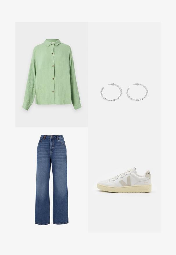 Lys grøn, kravebutton-up skjorte med tekstureret stof, lange ærmer og brune knapper foran. Afslappet pasform og blød afslutning.; Breddebenet denim jeans lavet af medium-vægt blå bomuldsstof. Har klassisk fem-lomme design og en lynlås med knaplukning.; Hvide lærreds sneakers med beige ruskindsdetaljer, perforeret tåboks, flade snørebånd og en struktureret cremefarvet sål. Har diskret branding på hælen.; Sølvøreringe med en snoet design, der har en poleret finish og en post-back lukning. Måler cirka 3 cm i diameter.