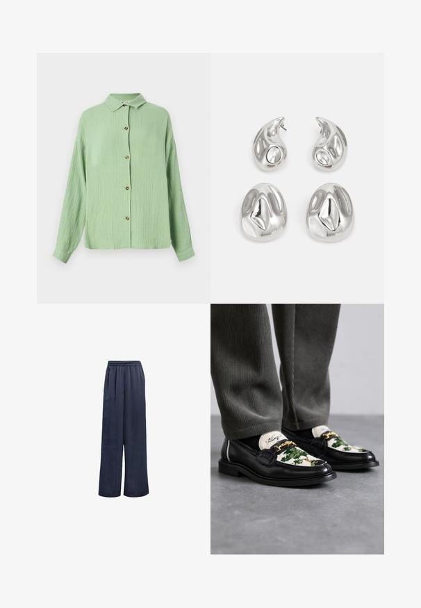 Lichtgroene, gekraagde button-up shirt van een textiel met een structuur, lange mouwen en bruine knopen aan de voorkant. Casual pasvorm en zachte afwerking.; Marineblauwe wijde broek gemaakt van een soepele stof met een elastische tailleband en zonder zichtbare hardware. Heeft een relaxte pasvorm en een volledige lengte.; Zwarte lederen instappers met een decoratieve groene en witte textielen bovenkant. Voorzien van een gouden kettingaccent en een gestructureerde zwarte zool.; Zilveren oorbellen met twee druppelvormige en twee ronde vormen, allemaal met een gepolijste, reflecterende oppervlakte en een gladde textuur.