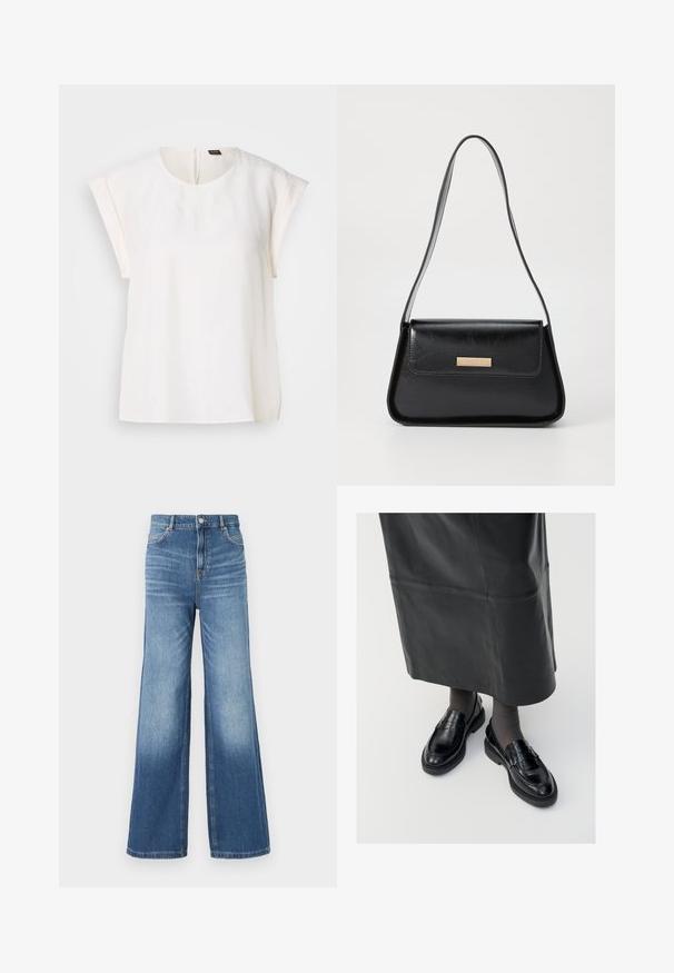 Hvit kortermet bluse med rund hals, glatt stoff, og usynlig glidelås bak. Rett nederkant og avslappet passform.; Lyseblå denim bukser med vid ben og høy midje, med fem lommer, beltehemper og en subtil falming mot kanten.; Sorte lær loafers med en glat overflade, der har et dekorativt spænde, rund tå og tekstureret sål. Båret med en lang sort lædernederdel.; Svart lærveske med en strukturert, triangulær form, tynn stropp og detaljer i gulltone som har en logo-plakett på den fremre klaffen.