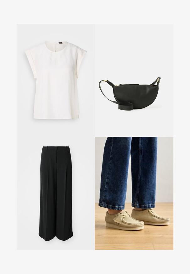 Fehér, rövid ujjú blúz, kerek nyakkivágással, sima anyagból, láthatatlan hátsó cipzárral. Egyenes szegély és laza szabás.; Fekete, széles lábú nadrág sima anyagból, magasan elhelyezett derékrésszel és elülső redőkkel, amelyek testreszabott illeszkedést biztosítanak.; Beige velúr cipők lekerekített orral és alacsony profillal. Fűzős kialakítással és varrott részletekkel rendelkezik. Rövidített kék farmernadrággal viselve.; Fekete bőr keresztpántos táska félhold formában, texturált felülettel, arany cipzárral és lapos pánttal. Kompakt kialakítás, amely a fontos dolgok számára alkalmas.