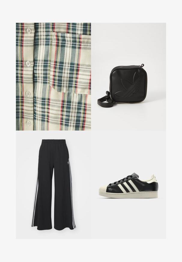 Plaid shirt in cream with dark green, red, and yellow accents. Features a pocket and round buttons, made from a soft, woven fabric.; Black wide-leg sweatpants with an elastic waistband, featuring white side stripes and an embroidered logo on the left thigh.; Black leather sneaker with white stripes, rubber toe cap, black laces, and a cream-colored outsole. Smooth texture with shiny finish.; Black square crossbody bag made of textured synthetic material. Features an embossed logo design and adjustable strap. Zipper closure.