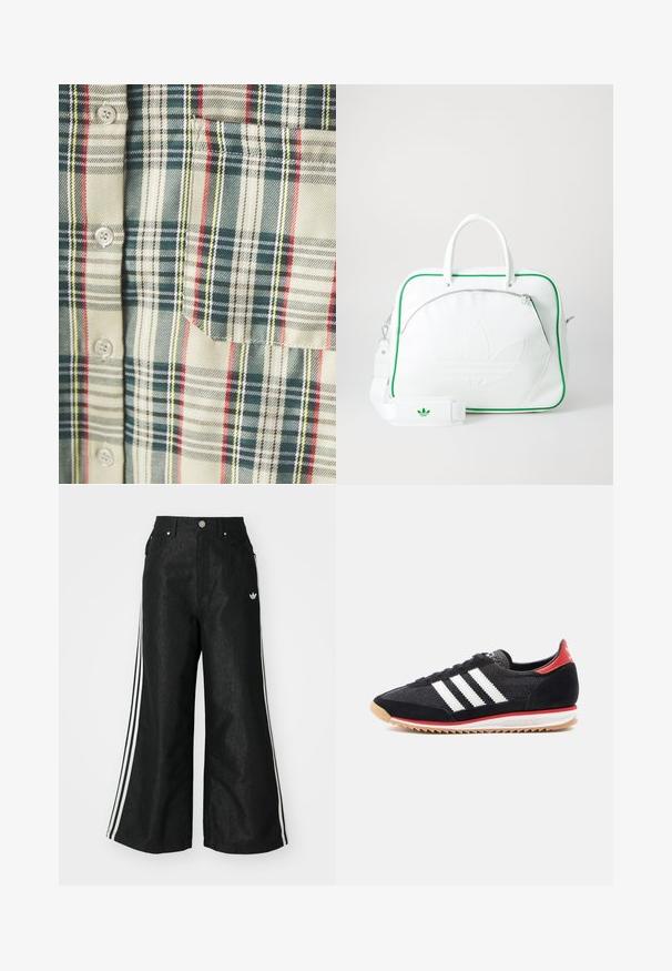 Kreemjas ruuduline särk tumeroheline, punane ja kollane aktsentidega. Omab taskut ja ümmarguseid nuppe, valmistatud pehmest kudumiskangast.; Mustad mustadeline denimipüksid, millel on kummalgi küljel kolm valget triipu ja väike valge logo. Omab esikotte ja nööbiga kinnihoidmist.; Mustad spordijalats valgete triipude, seemisnahast detailide ja punase kannaga. Võrgutekstuuriga ja kummist tallaosaga, millel on helepruun muster.; Valge nahast kott rohelise äärisega, millel on esiletõstetud embosed logo, kahekordsed käepidemed, eemaldatav rihm ja lukuga esi-tasku.