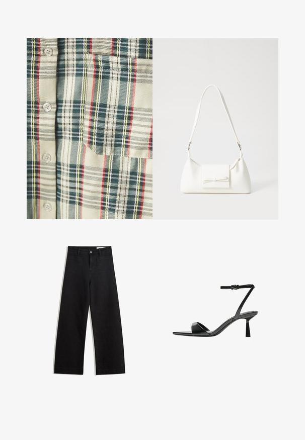 Tej színű kockás ing sötétzöld, piros és sárga díszítéssel. Zsebből és kerek gombokból áll, puha, szőtt anyagból készült.; Fekete, bő szabású farmernadrág magas derékkal, elülső és hátsó zsebekkel, varrott felületekkel és gombos záródással. Sima textúra.; Bershka Magas sarkú szandálok - black; Fehér szintetikus kézitáska, háromszög alakú, lapos előlap, masni részlettel, állítható pánttal, sima textúrával és minimalista dizájnnal.