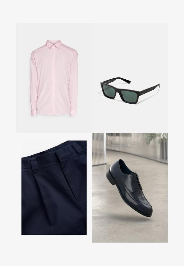 Hele roosa pika varrukaga särk, millel on nööpkrae, esine nööbid ja mansetid. Sile kangast tekstuur klassikalise disainiga.; Tumes plekkpüksid pehme ja tekstuurse kangaga. Omab lame vöökohta ja vöölukke, on loodud mugavuseks ja sobivuseks.; Läike must nahkne king, millel on paelad, hõljuv siledate heledate halli põranda kohal ning taustal vertikaalsed metallist vardad.; Mustad mustad prillid roheliste objektiividega, millel on matt viimistlus, sirged temped ja Ray-Ban logo küljel.