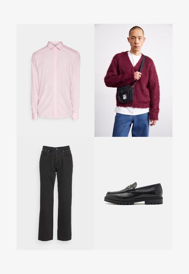 Hele roosa pika varrukaga särk, millel on nööpkrae, esine nööbid ja mansetid. Sile kangast tekstuur klassikalise disainiga.; Mustad denim püksid sirge sääre disainiga, millel on ees nupuga sulgemine, vöörihmade niidid ja kaks külgtaskut. Tekstuuriga kangas.; Mustad musta naha mokassiinid sileda viimistlusega, ümmarguse nina, dekoratiivse rihma kuldsete detailidega ja robustse musta tallaga.; Burgundia soe kardigan V-kaelusega ja nööpidega, kantud valge särk üle. Must õlal kantav kott koos "OBEY" logoga on kinnitatud.