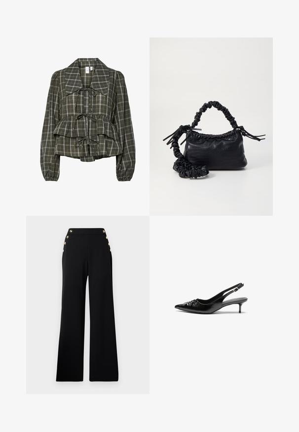 Blusa a maniche lunghe a quadri verde oliva con colletto oversize, vita arricciata, dettaglio peplum e tre fiocchi legati sul davanti.; Top nero senza spalline realizzato in tessuto morbido e elasticizzato, con dettagli arricciati e un design con fascia larga su un lato.; Pantaloni neri a vita alta a gamba larga con bottoni dorati lungo il davanti e tasche su entrambi i fianchi su uno sfondo bianco.; Tacchi slingback in pelle nera con punta affusolata, piccolo tacco kitten e un dettaglio a nodo decorativo sulla parte anteriore. Texture liscia su tutta la superficie.; Borsa a tracolla in ecopelle nera con texture a coccodrillo, apertura cinchata e tracolla arricciata. Si presenta con un design morbido e compatto.