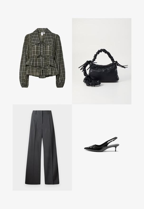 Oliven grønn rutete langermet bluse med oversized krage, rynket midje, peplumdetalj og tre bundet sløyfer foran.; Vide bukser i mørkegrått stoff med høy livlinje, enkel press, og en glatt tekstur med en ren finish på ermekantene.; Sorte skinnert remsandaler med spiss tå, liten kittenhæl og en dekorativ knute detalj foran. Glatt tekstur gjennom hele.; Svart faux skinn-håndveske med krokodilletekstur, strammet topp og en rynket stropp. Ser myk og kompakt ut i designen.