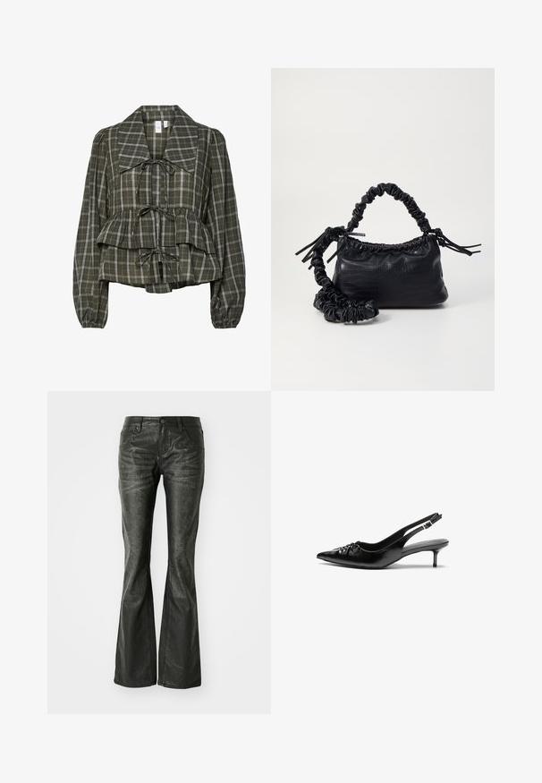 Oliwkowa kraciasta bluzka z długim rękawem, z dużym kołnierzem, zebranym w pasie, z detalem peplum i trzema związanymi kokardami z przodu.; Czarne, sztuczne skórzane spodnie o rozszerzanym kroju z przednimi kieszeniami, metalowym zapięciem na guzik oraz lekko fakturowaną powierzchnią. Prosty krój nogawek z długim cięciem.; Czarne skórzane szpilki na ramiączku z ostrym noskiem, małym słupkiem i ozdobnym węzłem z przodu. Gładka faktura na całej powierzchni.; Czarna torebka z syntetycznej skóry o teksturze krokodyla, z zaciąganym górnym zamknięciem i marszczonym paskiem. Wygląda na miękką i zwartą w designie.