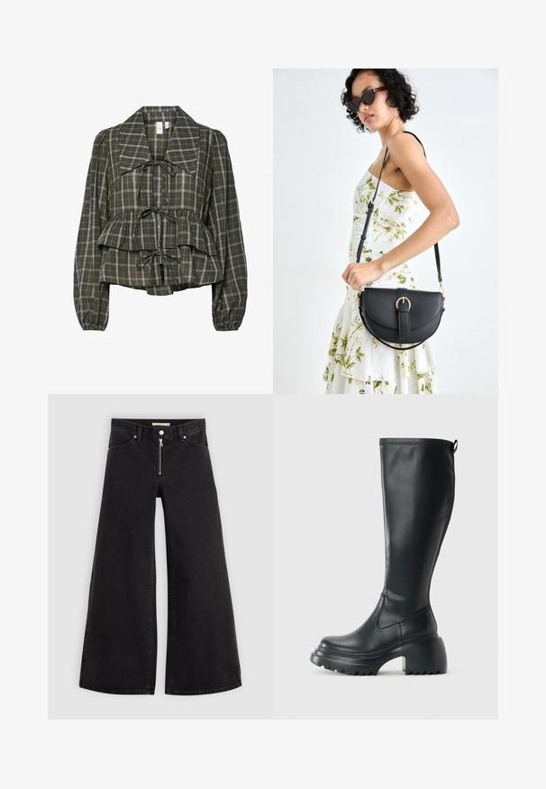 Tamsiai žalia plona plačiai raštuota ilgomis rankovėmis bluzonė su dideliu apykakle, surinkta juosmens dalimi, peplumo detalėmis ir trimis pririšamais mazgais priekyje.; Plačios kojų džinsai iš juodo džinsinio audinio su užtrauktuku priekyje, penkių kišenių dizainu ir subtiliais siuvinėjimo akcentais. Lygus paviršius ir laisvalaikio stilius.; Ilgas juodos odinės batai su masyvi platforma ir stačiakampiu kulnu, turintys traukimo kilpą ir tekstūruotą pado raštą.; Juodas odinis krepšys su išlenkta forma, nuimamu dirželiu ir auksiniais detalėmis. Krepšys turi kilpą su sagtimi.