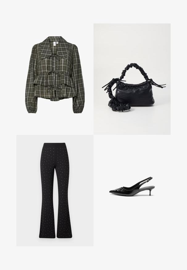 Tamsiai žalia plona plačiai raštuota ilgomis rankovėmis bluzonė su dideliu apykakle, surinkta juosmens dalimi, peplumo detalėmis ir trimis pririšamais mazgais priekyje.; Juodi platūs kelnės su tolygiai išsidėsčiusiais mažais baltais taškais ir vientisu juosmeniu prieš baltą foną.; Juodos odinės slingback aukštakulniai su smailiu nosiu, mažais katės kulnais ir dekoratyvine mazgo detale priekyje. Visas paviršius lygus.; Juodas dirbtinės odos rankinė su krokodilo tekstūra, sušnibždinta viršuje ir susikraipytu dirželiu. Atrodo minkšta ir kompaktiška.