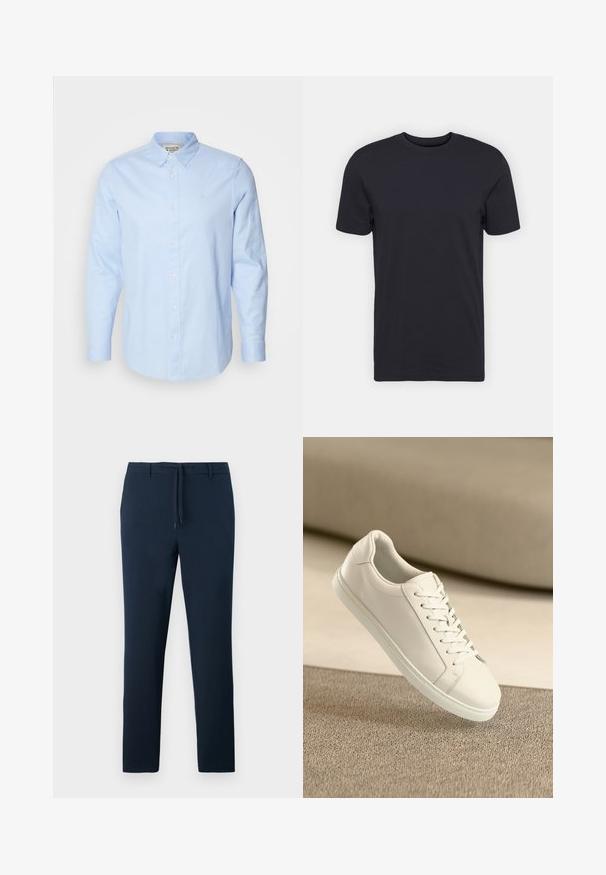 Lys blå langærmet skjorte med knap, knap-ned krave, hvide knapper og subtilt broderet logo på venstre bryst.; Sort bomulds t-shirt, korte ærmer, rund halsudskæring, ensfarvet, let stof, glat tekstur, ingen synlige mønstre eller grafik.; Mørkeblå bukser lavet af et struktureret stof, med en lige ben-design, forlommer og en elastisk talje med snor.; Hvide lædersneakers med hvide snørebånd, præsenteret på en beige tekstureret overflade og med en blødt uskarp baggrund.